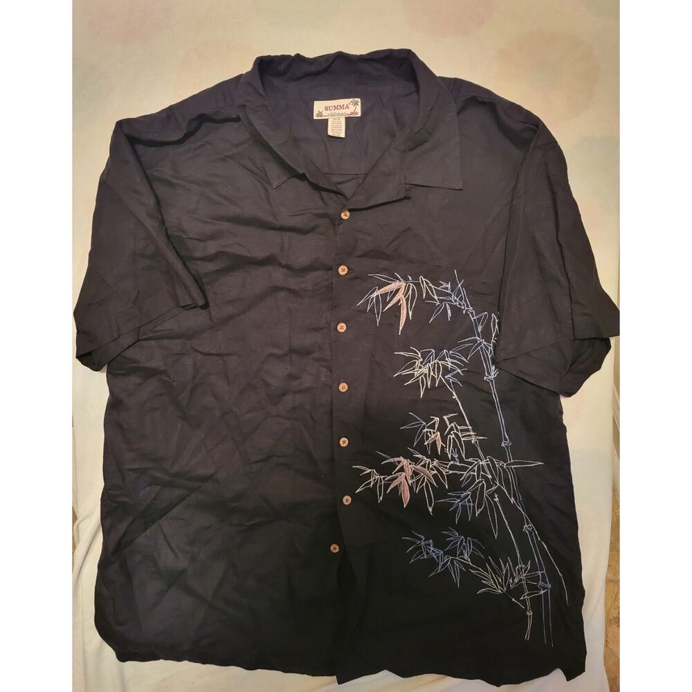 Summa 3X Mens Linen/Rayon Black Short Sleeve Shirt Bamboo Leaf Embroidery Design